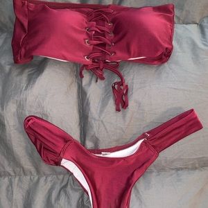 Red strapless bikini